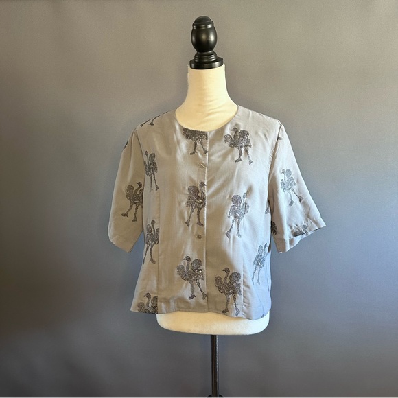 Anthropologie Pepaloves Gray Ostrich Blouse Embroidered Sz L - Picture 2 of 9